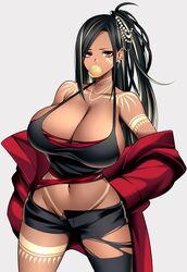 1girls 2022 2d 2d_(artwork) bare_shoulders big_breasts big_thighs blowing_bubblegum bodypaint breasts bubblegum busty camui_kamui cleavage clothed clothing dark_hair earrings female female_focus female_only hair_ornament hi_res highres hips hourglass_figure huge_breasts large_breasts large_thighs light-skinned_female light_skin navel original original_character red_eyes red_jacket shoulders sideboob slim_waist solo solo_female solo_focus tanned tanned_skin tattoo tattoos thick_thighs thighs torn_clothes torn_clothing voluptuous white_background wide_hips rating:Questionable score:72 user:WinnebagoMusket