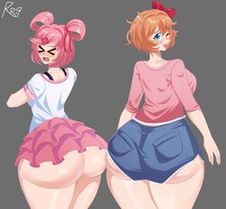 2girls ass big_ass blush bottom_heavy clothed_female doki_doki_literature_club embarrassed female female_only huge_ass large_ass looking_at_viewer looking_back natsuki_(doki_doki_literature_club) sayori_(doki_doki_literature_club) shirt shorts skirt snesti sticking_out_tongue tongue tongue_out rating:Questionable score:208 user:FGjvkhvoijy