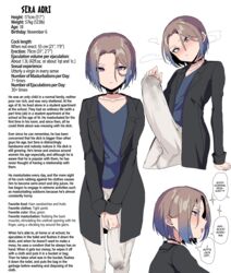 1boy 2023 aroused black_jacket blazer blue_hair blue_shirt blush breath brown_hair bulge character_sheet choker embarrassed english_text erection erection_under_clothes excessive_precum feet_out_of_frame femboy flaccid gradient_hair hamidemachi hard_translated huge_cock hung_trap large_testicles light-skinned_male light_skin male male_only measurements medium_hair original original_character otoko_no_ko pants precum precum_drip precum_through_clothing profile purple_eyes sera_aori_(hamidemachi) simple_background solo standing stats steam sweatdrop testicles text translated two-tone_hair uncensored v-neck white_background white_pants rating:Questionable score:253 user:her