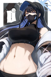 2023 belly belly_button big_breasts black_hair blue_archive blue_eyes blue_hair breasts coat crop_top gin_moku hat hi_res long_hair looking_at_viewer looking_down mask midriff multicolored_hair open_clothes saori_(blue_archive) sensei_(blue_archive) shirt upper_body rating:Questionable score:87 user:MatTheV24-7