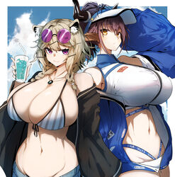 2023 2girls absurd_res animal_ears arknights bikini_top breasts duo duo_focus female_focus female_only gin_moku huge_breasts looking_at_viewer medium_hair midriff purple_eyes sideroca_(arknights) sideroca_(light_breeze)_(arknights) sunglasses sunglasses_on_head swimsuit toned toned_female toned_stomach utage_(arknights) utage_(summer_flowers)_(arknights) yellow_eyes rating:Questionable score:65 user:LostinSauce