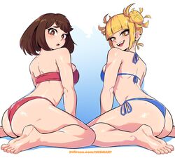 2girls ass bikini blonde_hair brown_hair dashi_art double_bun earrings fangs female himiko_toga my_hero_academia ochako_uraraka shounen_jump tagme rating:Questionable score:320 user:auiobsrdrrg