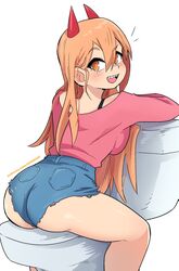 1girls ass chainsaw_man dashi_art long_hair long_hair_female power_(chainsaw_man) short_shorts toilet white_background rating:Questionable score:188 user:auiobsrdrrg