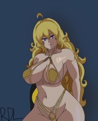  1girls bikini bikini_bottom bikini_top blonde_female blonde_hair golden_bikini long_hair long_hair_female purple_eyes rdl reddragonlust robotic_arm rwby solo_female yang_xiao_long  rating:explicit score: user:bot