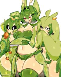 3girls black_eyes black_sclera blush choker cleavage covering_mouth green_hair humanized large_breasts leavanny midriff open_mouth pokemon pokemon_(species) pokemon_bw red_eyes sewaddle short_hair swadloon thick_thighs thighhighs usa37107692 white_background rating:Questionable score:219 user:Dreak_Erik