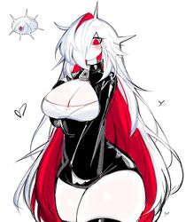 anthro black_clothing blush breasts cleavage collar collared_shirt heart hi_res long_hair looking_at_viewer multicolored_hair pokemon pokemon_(species) pulling_clothing silcoon thick_thighs thighs usa37107692 zipper rating:Questionable score:90 user:GusFringer