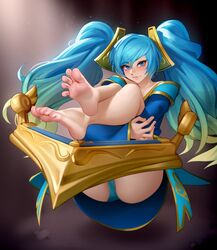 1girls barefoot blue_eyes blue_hair blue_panties blush blushing clothed feet feet_up female female_focus female_only foot_fetish happy_female kairuhentai kairunoburogu league_of_legends leg_grab legs legs_crossed legs_up long_hair looking_at_viewer panty_peek pantyshot presenting_feet riot_games simple_background slight_smile soles solo sona_buvelle thick thick_thighs toes toes_spread very_long_hair rating:Questionable score:242 user:deleted102166