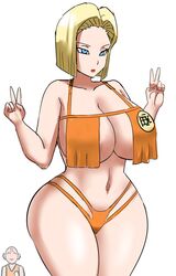 1boy 1girls android_18 big_breasts blank_eyes blonde_female blonde_hair blue_eyes double_peace_sign double_v dragon_ball dragon_ball_super dragon_ball_z female_focus gtsn17 huge_breasts husband_in_background krillin kuririn large_breasts light-skinned_female light-skinned_male light_skin peace_sign plain_background skimpy skimpy_clothes small_waist v white_background wide_hips rating:Explicit score:85 user:Lunarcy