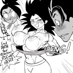 1boy 2girls big_breasts black_eyes black_hair blush bouncing_breasts breast_awe breasts cabba caulifla dragon_ball dragon_ball_super drunk english_text exposed_breasts female female_pervert flashing kale light-skinned_female light_skin long_hair male monochrome multiple_girls nipples presenting presenting_breasts pseudocel saiyan showing_off smug solo_focus spiky_hair staring staring_at_breasts sweat text rating:Explicit score:111 user:bustybibuni