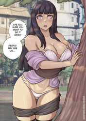 1girls against_tree almost_naked bare_shoulders bare_thighs big_breasts black_legwear blue_hair blush bra busty cleavage clothing curvaceous curvy curvy_female curvy_figure cute detailed_background dialogue english_text female female_focus female_only hi_res high_resolution highres hourglass_figure hyuuga_hinata imminent_sex kneehighs kneesocks large_breasts legwear light-skinned_female light_skin lips lipstick long_hair looking_at_viewer makeup minishorts naruto naruto:_the_last naruto_(series) naruto_shippuden open_mouth pale-skinned_female pale_skin panties pants_down partially_clothed pink_lips pink_lipstick pov pov_eye_contact public public_nudity public_sex redjet short_shorts shorts shorts_down shounen_jump solo solo_female solo_focus speech_bubble text thick_thighs thighs toned toned_female tree underwear undressing voluptuous white_bra white_panties white_underwear wide_hips rating:Questionable score:275 user:slimysuko