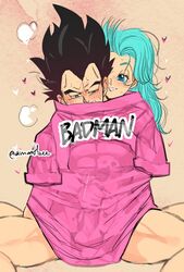 1boy amartbee aqua_hair artist_name badman_shirt badman_shirt_vegeta black_hair blush bulma_briefs bulma_briefs_(post_saiyan_saga) dragon_ball dragon_ball_z female handjob heart penis pink_shirt shirt simple_background spread_legs twitter_username vegeta rating:Explicit score:94 user:bot