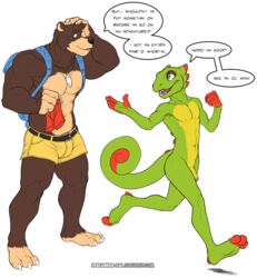 2015 abs age_difference alpha_channel anthro backpack bag banjo-kazooie banjo_(banjo-kazooie) bear belt biceps big_muscles blue_eyes bottomless_male bottomwear brown_fur bulge casual casual_nudity chameleon claws clothed clothing colored crossover dialogue duo edit english_text flaccid fur furry furry_only green_skin half-dressed lizard male male_only mammal muscles necklace neckwear nipples nude open_mouth pants pecs penis plain_background plantigrade playtonic_games rareware reptile scalie shorts size_difference smile speech_bubble spelunker_sal standing teeth text toe_claws topless transparent_background uncut video_games yellow_skin yooka yooka-laylee rating:Explicit score:27 user:bot