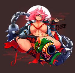 abs baiken eyepatch guilty_gear huge_breasts mcflarey muscular_female pink_hair sitting smoking sweat tagme rating:Questionable score:24 user:deleted107113