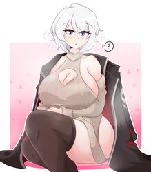 1girls big_breasts boob_window cleavage dankestsin faust_(limbus_company) female huge_breasts limbus_company looking_at_viewer no_pants project_moon sitting solo_female stockings sweater white_hair rating:Questionable score:92 user:highwayfire