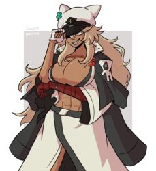 abs baiken_(cosplay) bandage bandaged_arm blonde_hair cleavage dark-skinned_female fingerless_gloves guilty_gear guilty_gear_strive hat huge_breasts loggus_doggus navel ramlethal_valentine sharp_teeth tagme toned_female yellow_eyes rating:Questionable score:55 user:deleted107113