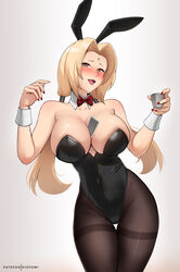 1girls alternate_costume between_breasts black_leotard blonde_hair blush bow bowtie breasts brown_eyes bunny_ears card card_between_breasts cup detached_collar drunk facial_mark forehead_mark hair_intakes highleg highleg_leotard highres hioyami holding holding_cup large_breasts leotard long_hair low_twintails naruto naruto_(series) naruto_shippuden open_mouth pantyhose playboy_bunny red_bow red_bowtie red_nails simple_background solo sweat thigh_gap thighband_pantyhose tsunade twintails white_background wrist_cuffs rating:Questionable score:150 user:Vaundry