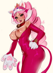 1girls ass big_breasts blush cats_versus_dogs_series collar hair_ornament kittalee_nidalee league_of_legends long_hair looking_at_viewer merellyne nidalee nipples open_clothes open_mouth partially_clothed paws pink_hair riot_games smile solo standing tail thick_thighs rating:Explicit score:121 user:LukeSkyLuke