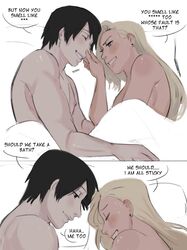 1boy 1boy1girl 1girls absurd_res bed bed_sheet bedding bedroom black_eyes black_hair blonde_hair blue_eyes breasts canon_couple closed_eyes comic couple cuddling dialogue english_text hi_res high_resolution highres husband_and_wife ino_yamanaka light-skinned_female light-skinned_male light_skin lips lipstick married_couple monday_mint narrowed_eyes naruto naruto:_the_last naruto_(series) naruto_shippuden on_bed on_side pale-skinned_female pale-skinned_male pale_skin pink_lips pink_lipstick romantic romantic_ambiance romantic_couple sai shounen_jump smile smiling speech_bubble story text topless topless_female topless_male white_background rating:Questionable score:129 user:DarksideRose