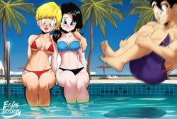 1boy 2girls arm_around_shoulders bikini blonde_hair dragon_ball dragon_ball_z echosaber erasa female friends fun funny male photo photobomb shounen_jump silly smiling son_gohan swimming_pool tagme twintails videl wholesome rating:Safe score:102 user:Bruh_just_work_already