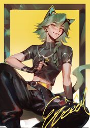  1boy animal_ears cat_ears cat_tail catboy clothing crop_top elodeas ezreal green_hair heartsteel_ezreal heartsteel_series league_of_legends male male_focus male_only sole_male solo solo_male tail  rating:questionable score: user:chiefbasement