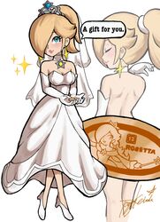 blonde_hair blue_eyes breasts bridal_gown bridal_veil bride female female_only mario_(series) nintendo princess_rosalina solo super_mario_galaxy super_mario_odyssey wedding_peach_(super_mario_odyssey)_(cosplay) yamino_ekakinin rating:Questionable score:56 user:Bylethlover