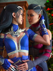 2girls 3d black_hair christmas clone clonecest edenian eye_contact female female_only festive fireplace fully_clothed hand_on_hip head_in_hand hug imminent_kiss incest kitana kiteena mileena mohleena mortal_kombat mortal_kombat_1_(2023) princess rayalterego23 royalty sisters spit yuri rating:Questionable score:48 user:movesetmain