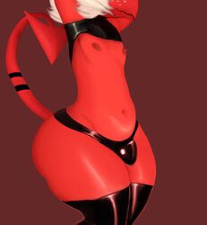 2023 ahoeforcoffee arm_over_head bulge clothed clothing demon demon_humanoid english_text femboy hair helluva_boss hi_res humanoid imp latex latex_clothing latex_legwear latex_stockings male male_shortstack moxxie_(helluva_boss) nipples raised_arm raised_tail red_body skimpy slightly_chubby solo standing tail text thick_thighs white_hair wide_hips rating:Explicit score:42 user:bot