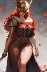 1girls ai_assisted ai_generated armor bare_legs butterfly cape curvy dress elden_ring erotic_nansensu flower fromsoftware fur_trim goddess helmet holding_weapon large_breasts light-skinned_female long_hair malenia_blade_of_miquella patreon_username prosthetic prosthetic_arm prosthetic_limb red_hair side_slit thick_thighs wavy_hair white_flower rating:Questionable score:145 user:donkeyskin