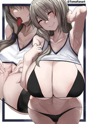 1girls arm_up armpits arms_up black_bra black_panties blush bra breasts cleavage closed_eyes curvy embarrassed female grey_hair highres huge_breasts jewelry large_areolae long_hair mature_female milf multiple_views open_mouth oppai paizuri_invitation panties plump ring shy smile sweat tomodachi_(tomofanart) tongue tongue_out underwear uzaki-chan_wa_asobitai! uzaki_tsuki voluptuous wavy_mouth rating:Questionable score:219 user:Rivermecry