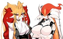 2girls anthro big_breasts breasts cinderace delphox duo featureless_breasts female female_only furry nintendo pokemon pokemon_(species) punk red_eyes red_hair usa37107692 rating:Questionable score:78 user:Foxfoxyrock