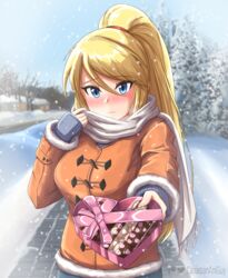 blonde_hair blue_eyes blush box breasts canadiananiguy chocolate clothed coat commentary cute day english_commentary female fur_trim hair_between_eyes heart-shaped_box highres incoming_gift jacket large_breasts long_sleeves metroid nintendo nose_blush orange_jacket outdoors ponytail samus_aran scarf solo valentine white_scarf wholesome winter winter_clothes winter_coat rating:Safe score:71 user:rislab