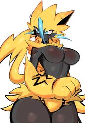 anthro anthro_only big_breasts blue_eyes blush breasts cheek_tuft collar ear_piercing earrings elbow_tufts featureless_breasts feline female female_only furry furry_only furry_tail grey_fur legendary_pokemon multicolored_body multicolored_fur navel nintendo pokemon pokemon_(species) solo thick_thighs thighs usa37107692 yellow_fur zeraora rating:Questionable score:108 user:Foxfoxyrock