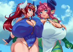 2girls ass blue_eyes boob_window breasts eigaka female female_only gen'en_(sioherashi) gigantic_breasts horns huge_ass nina_(eigaka) original original_character pink_hair red_hair thick_thighs rating:Questionable score:220 user:kallen2020