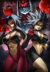 3girls abs black_hair blue-skinned_female blue_eyes blue_skin caulifla corruption dragon_ball dragon_balls elitenappa enemy_conversion evil_grin female female_only female_saiyan holding_object kale large_breasts looking_at_viewer nipples_visible_through_clothing red_eyes skimpy_clothes spiky_hair thighs tight_clothing tights towa universe_6 universe_6/universe_7 white_hair rating:Questionable score:185 user:Mikesbigdick