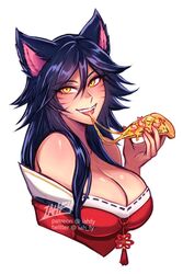 9_tails ahri big_breasts blue_hair cleavage eating good_artwork good_stuff iahfy league_of_legends league_of_legends:_wild_rift looking_at_viewer nine_tailed_fox open_mouth pizza riot_games sfw smile smiling smiling_at_viewer vastaya rating:Questionable score:155 user:Lewddude69