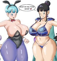 2girls 2milfs big_breasts bikini_armor bulma_(bunny) bulma_briefs bunnysuit chichi chichi's_armor cleavage dragon_ball dragon_ball_z english english_text female female_only huge_breasts mature_female milf milfs panarandom text text_bubble toei_animation white_background rating:Explicit score:219 user:Alta123