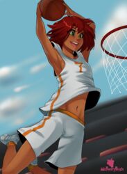 1girls action_pose artist_name basketball basketball_uniform belly_button bottomwear breasts clothed clothed_female clothes clothing dark-skinned_female dark_skin female female_only footwear freckles freckles_on_face front_view fully_clothed green_eyes hair happy human human_only legs long_hair mal_(malberrybush) malberrybush malyna mouth_open navel open_mouth original original_character peal_malyna ponytail red_hair shirt shoes shorts small_breasts smile smiling solo sport sports_uniform stomach tank_top teeth thighs topwear rating:Questionable score:106 user:Recklessgoth