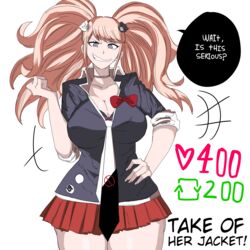 big_breasts black_jacket blonde_hair blue_eyes danganronpa female_only junko_enoshima lilithcharlott2 necktie pale-skinned_female pigtails red_skirt smirking straight_hair strawberry_blonde_hair undressing white_shirt rating:Explicit score:61 user:LilithChar