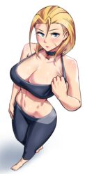 1girls absurdres arm_at_side barefoot blonde_hair blue_eyes bra_tug breasts cammy_white choker cleavage collarbone dracksart eyelashes female female_only from_above fully_clothed gym_pants highres large_breasts lips looking_at_viewer navel pants perspective plain_background scar scar_on_face simple_background solo sports_bra stomach street_fighter street_fighter_6 sweat white_background rating:Safe score:145 user:10102803