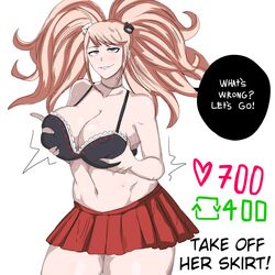 big_breasts black_bra blonde_hair blue_eyes bra danganronpa female_only grabbing_own_breast junko_enoshima lilithcharlott2 pale-skinned_female pigtails red_skirt smirking straight_hair strawberry_blonde_hair undressing rating:Explicit score:87 user:LilithChar