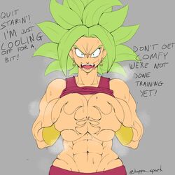 1girls abs big_breasts blue_eyes breasts dialogue dragon_ball dragon_ball_super dragon_ball_z eyebrows fusion grabbing_own_breast green_hair kappa_spark kefla large_breasts light-skinned_female light_skin looking_at_viewer muscles muscular muscular_female navel potara_earrings steam steaming_body sweat sweating talking_to_viewer text wide_hips rating:Questionable score:291 user:HughthyDerg