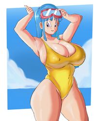 1girls big_breasts blue_hair blue_hair_female canonical_scene dragon_ball dragon_ball_z eyewear_on_head female female_only maron panarandom solo solo_female swimsuit toei_animation wide_hips rating:Explicit score:87 user:_derDon_