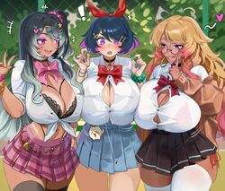 ! 3girls :3 :p accessory ahoge bare_thighs belly_chain big_breasts bikini_tan bikini_under_clothes black_bra black_choker black_panties black_skirt blonde_hair blue_hair blue_nails blue_skirt blush bra bra_visible_through_clothes bracelets breast_size_difference breast_squish breastless_bra breasts breasts_bigger_than_head button_gap button_pop buttoned_shirt choker clothed_female colored_inner_hair cunnilingus_gesture cute_fang dark-skinned_female dark_blue_hair dark_skin day daytime earrings enta_(nia) exposed_bra eyeshadow fake_nails female female_focus female_only fence front_heavy_breasts glasses gradient_hair grey_hair gwyn_(sait0moriyama) gyaru hair_clips hair_tie half-closed_eyes hand_gesture hand_on_hip heart hi_res highleg highleg_panties highleg_skirt hoop_earrings huge_breasts index_finger_raised inner_hair innuendo lace-trimmed_bra lace_bra lace_choker legwear light-skinned_female light_skin long_fingernail long_hair long_nails makeup massive_breasts medium_hair midriff mismatched_clothing mismatched_nail_polish mole_(marking) mole_on_breast multicolored_nails narrowed_eyes neck_ribbon neckwear nia_(nia4294) orange_bikini orange_panties pink_eyes pink_ribbon pink_skirt plaid_skirt pleated_skirt purple_eyes purple_eyeshadow purple_fingernails purple_highlights purple_nails red_ribbon ribbon ring rolled_up_sleeves round_glasses school_uniform schoolgirl side-tie_bikini side-tie_panties side_ponytail skindentation skirt sleeves_rolled_up smiling spoken_heart startled strawberry_blonde_hair suggestive_gesture suggestive_look sunlight tan_skin tanline tanlines tanned_skin thighhighs thighs tied_shirt tight_clothing two_tone_hair v_sign vena_(sait0moriyama) wardrobe_malfunction white_highlights white_legwear white_shirt white_thighhighs wire_fence zettai_ryouiki rating:Questionable score:532 user:!nner$elf89