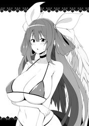 1girls angel_wings arm_under_breasts asymmetrical_wings bare_shoulders bikini black_bikini black_choker blush breasts choker collarbone dizzy_(guilty_gear) female fuuma_(bangolga1) greyscale guilty_gear hair_between_eyes hair_rings highres holding_own_arm large_breasts long_hair mature_female milf monochrome navel open_mouth sagging_breasts sideboob sidelocks skindentation solo stomach sweat sweatdrop swimsuit twintails underboob wings rating:Questionable score:18 user:vagabond512