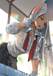 1girls animal_ears blouse breasts brown_hair bunny_ears bunny_girl clothing dark-skinned_female dark_skin drinking female female_focus female_only fully_clothed kadeart lens_flare long_hair miruko my_hero_academia open_mouth red_eyes rumi_usagiyama school_uniform schoolgirl skirt solo thirsty white_hair rating:Safe score:198 user:Slick_Pickle