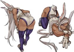 1girls 2020 animal_ears ass athletic_female bending_over bodysuit breasts brown_hair bunny_ears bunny_girl bunny_tail clothing dark-skinned_female dark_skin female female_focus gloves hi_res kadeart kemonomimi kneeling long_hair miruko muscular_female my_hero_academia open_mouth purple_eyes rumi_usagiyama simple_background skin_tight solo solo_female thick_thighs thighhighs toned white_background white_hair rating:Questionable score:160 user:Slick_Pickle