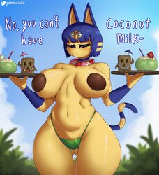 angry angry_face animal_crossing animal_ears animal_humanoid ankha ankha_(animal_crossing) artist_name blush blush_lines busty cat_ears cat_tail catgirl clouds coconut coconut_bra dark_blue_hair english_text exposed_pussy flower_necklace gammainks holding_tray hourglass_figure leaf_panties mob_face motion_lines nintendo tail text thick_thighs thighs yellow_fur rating:Explicit score:272 user:hoobadooba25