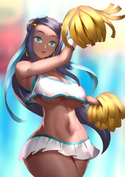 1girls black_hair blue_eyes blue_hair blue_highlights blue_streak breasts cheerleader cheerleader_uniform crop_top dark-skinned_female dark_skin earrings haryu_(artist) haryudanto highlights_(coloring) hoop_earrings hypnosis large_breasts long_hair looking_at_viewer microskirt midriff mind_control navel nessa_(pokemon) nintendo no_bra pokemon pokemon_ss pom_poms skirt streaked_hair two_tone_hair underboob white_crop_top white_skirt rating:Questionable score:119 user:267er