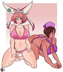 anesthesia_(rumble_roses) bent_legs bent_over bikini blue_eyes boobs brown_eyes brown_hair dark_skin deepbeef elphelt_valentine female guilty_gear looking_at_viewer nurse_cap pink_bikini pink_hair pulling_panties purple_bikini rumble_roses scruffyturtles sticking_ass_out rating:Questionable score:46 user:3fragS