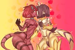 2boys ass_grab dark_hair ehidney femboy gay heart horns kissing long_ears male nipples nude red_hair red_skin tail yellow_skin rating:Explicit score:21 user:Shalapai257